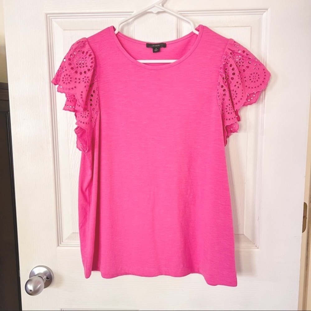J. Crew Eyelet Flutter-Sleeve Slub T-Shirt Vivid Fuschia